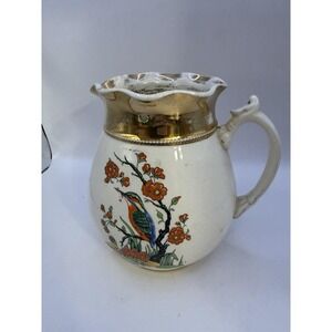 Arthur Wood England Vintage Pitcher with Bird & Flowers – Gold Trim – 7" Tall